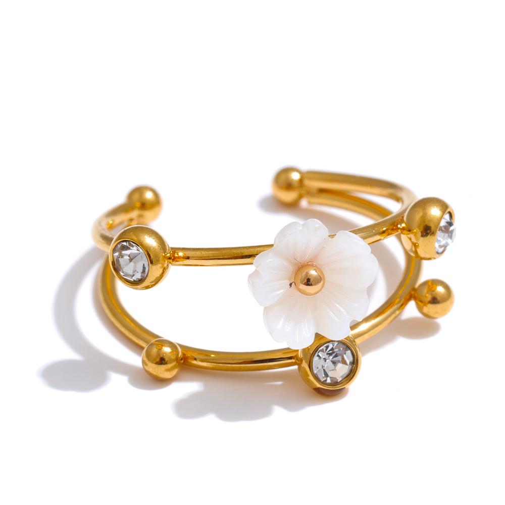 Yhpup Exquisite Natural Shell Zircon Flower Adjustable Open Golden Ring High Quality High Quality Summer Fashion Jewellery Gift resizable
