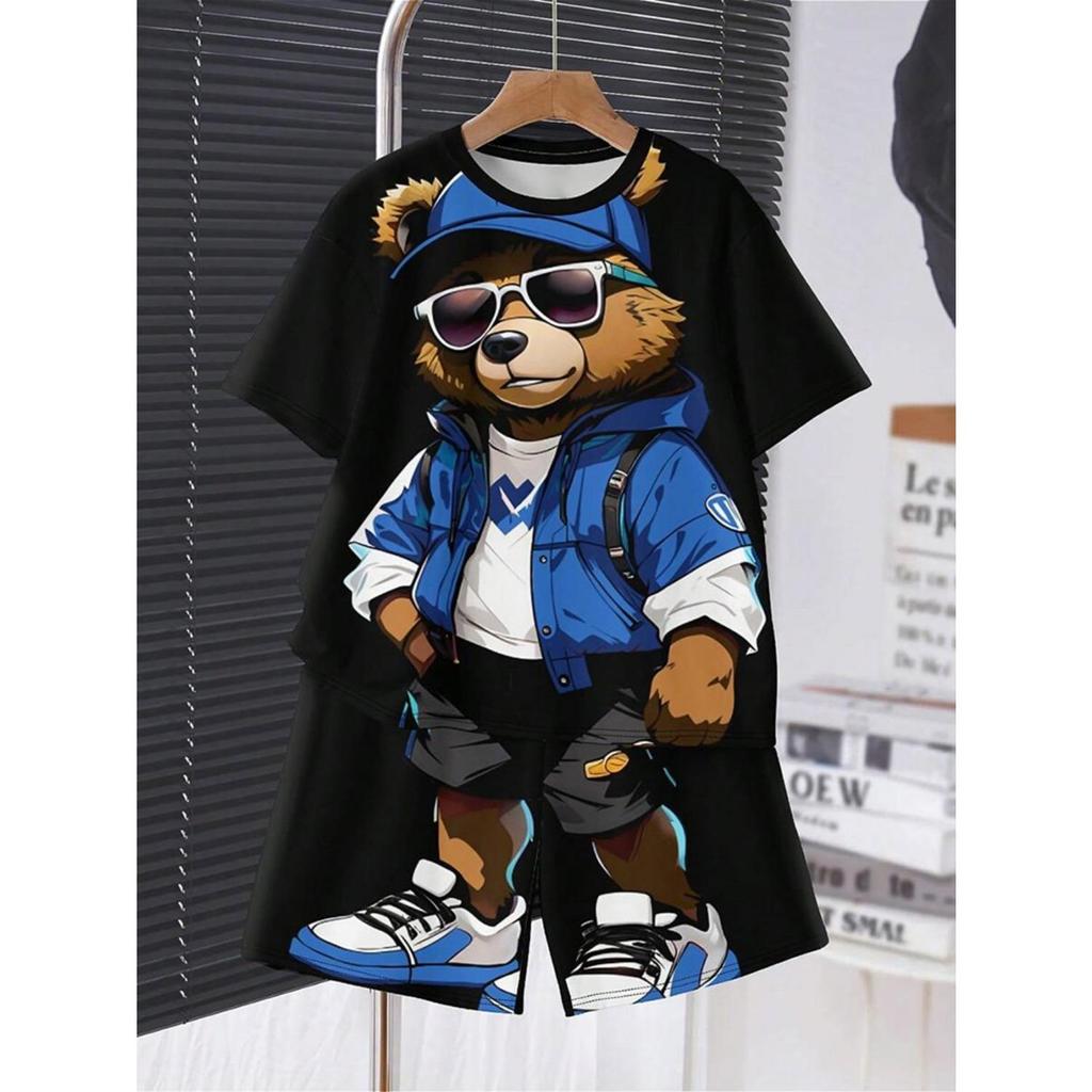 Children's Clothing 2-piece Set, Boys' Fun Cartoon Bear Print Short Sleeved T-shirt Shorts Set, Summer Sports