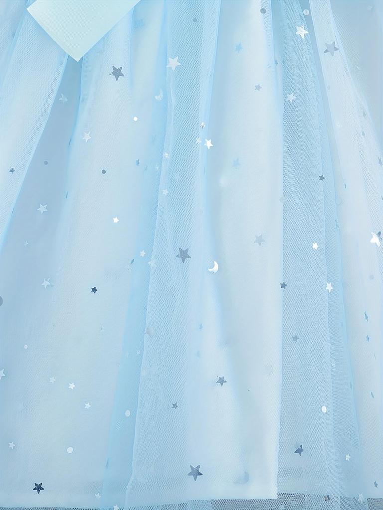 Girls Long Sleeve White Blue Star Tulle Dress Kids Spring Autumn Satin Bow Princess Dress