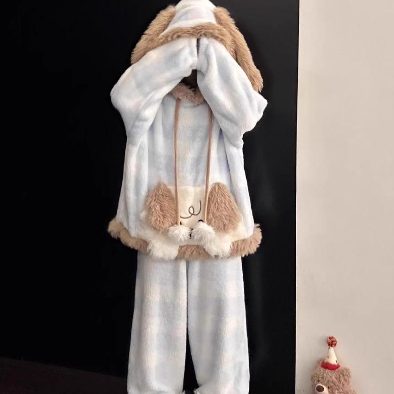 Women's Curly-haired Puppy Hooded Coral Fleece Pajamas - Spring New Style, Warm, Thickened, Fleece-Lined Home Wear Set