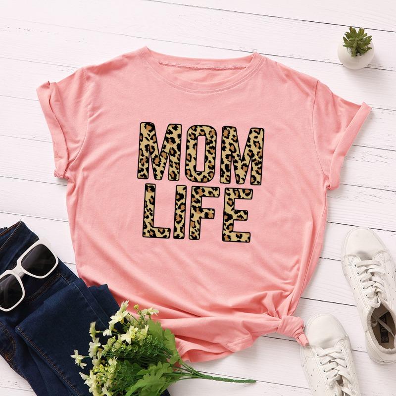 Summer Women's Leopard Print Creative Text MOM LIFE Print Loose Round Neck Short Sleeved Pure Cotton T-Shirts Women’s