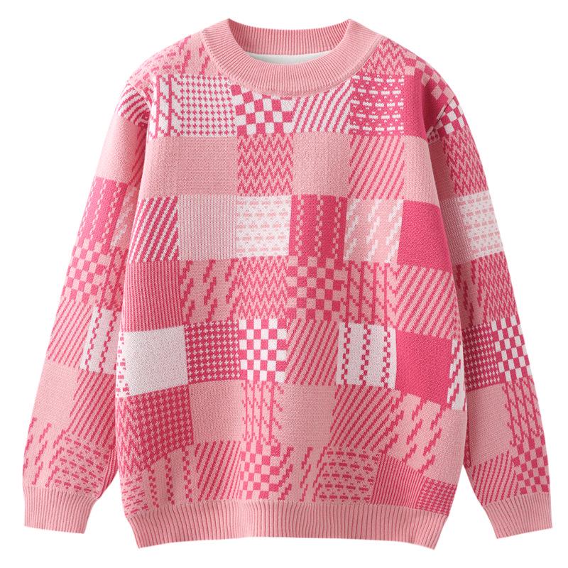 

Девичий хлопковый жаккардовый свитер с круглым вырезом и цветными блоками - Осень/Зима, Универсальный, Вязаный трикотаж на флисовой подкладке 120 cm розовый