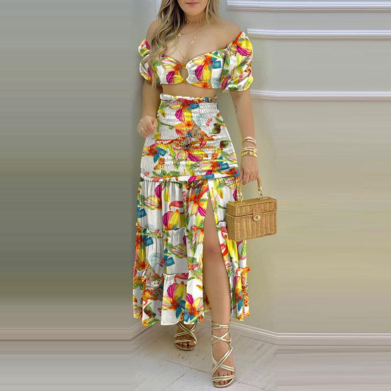 Autumn 2026 European-American Color Block Print Vest & High Waist Split Long Skirt Set 661