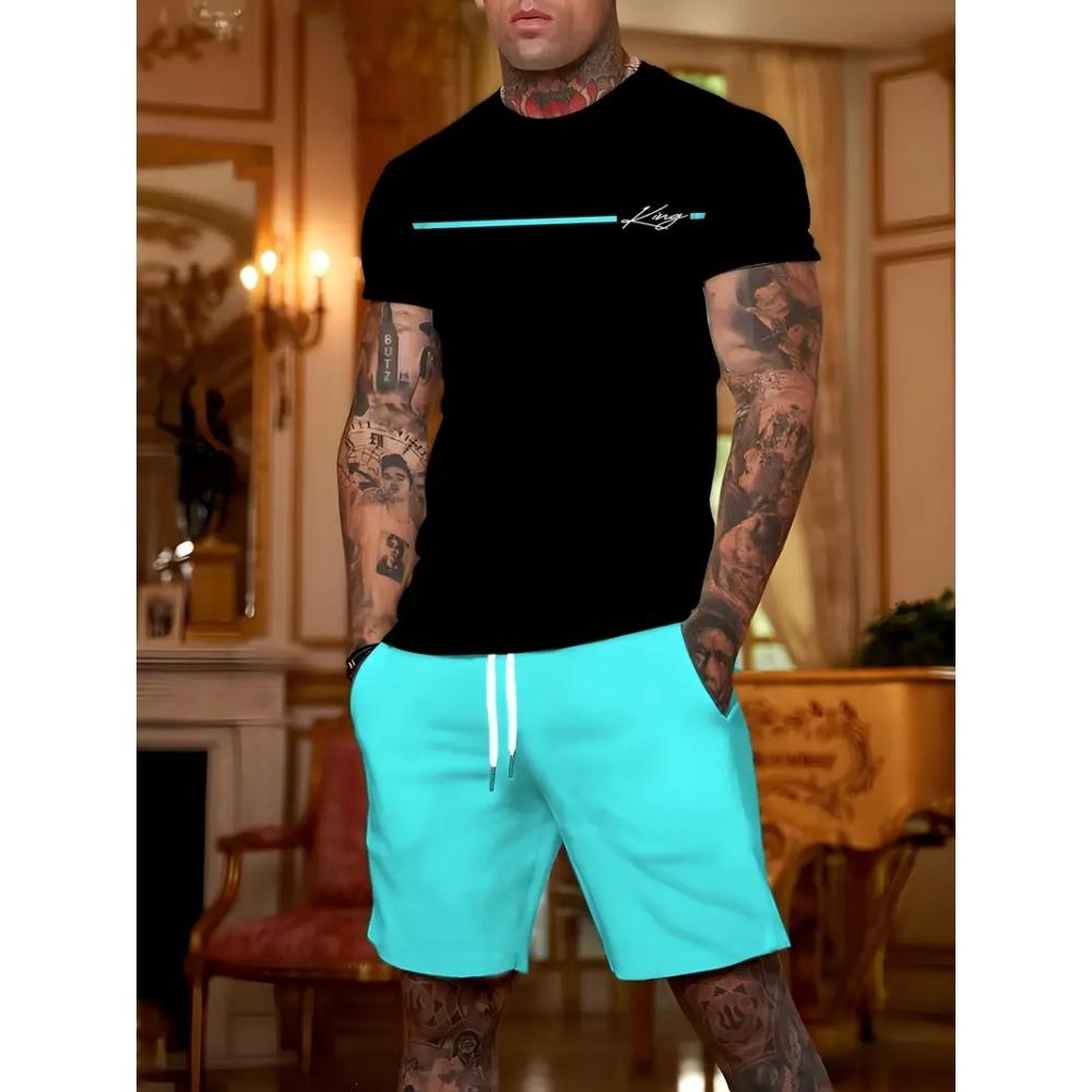 Summer Letter Print Men's T-shirt Shorts 2-piece Set 2025 Men's Clothing Quick Drying Sports T-shirt Elastic Waist Shorts Set