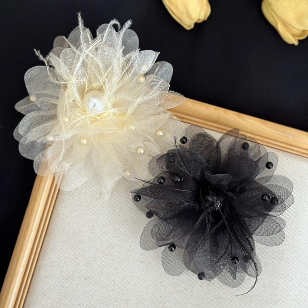 Fabric Lapel Pins Chiffon Feather Mesh Beads Pin Retro Large Flower Brooches