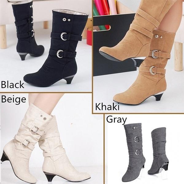 Women Fashion  Shoes Slope with Boots Leather Boots Belt Buckle Metal Boots