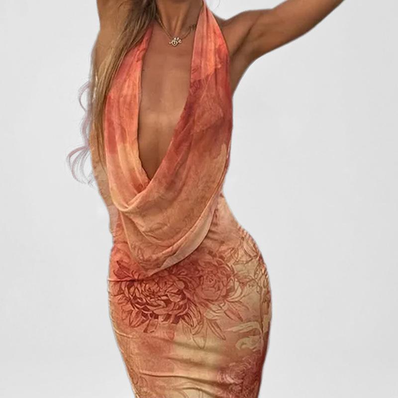 New Arrival Women's Printed Neck Halter Temperament Elegant Hip-packing Neck Slim Gown