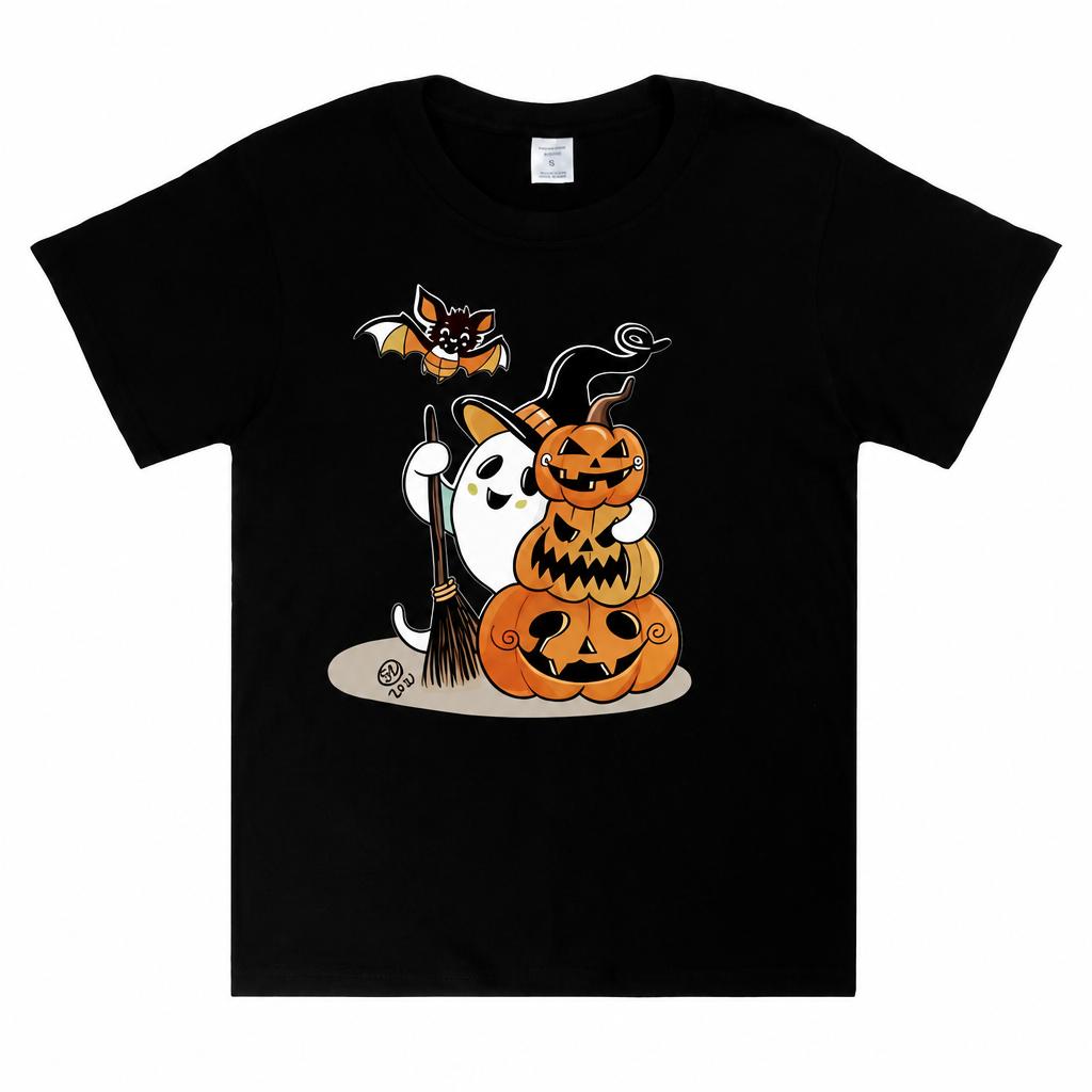 100 Pure Cotton Tshirt Cute Ghost Witch Broom Stacked Pumpkin Bat Print Loose Tee Halloween Party Daily Wear