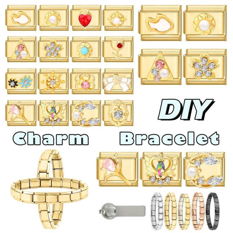 NEW Brilliant Zircon Love Heart Bow Starfish Flower Sun Italian Charm Links Fit 9mm Stainless Steel Bracelet Jewelry DIY Making