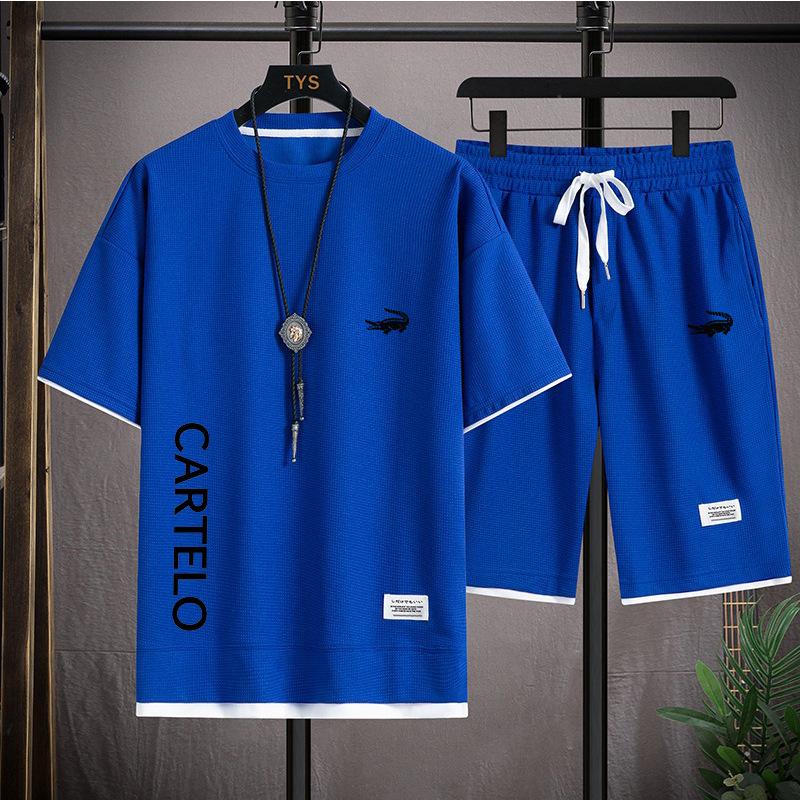 

Летний мужской вафельный комплект из двух предметов: футболка и шорты в стиле кэжуал для спорта XXL