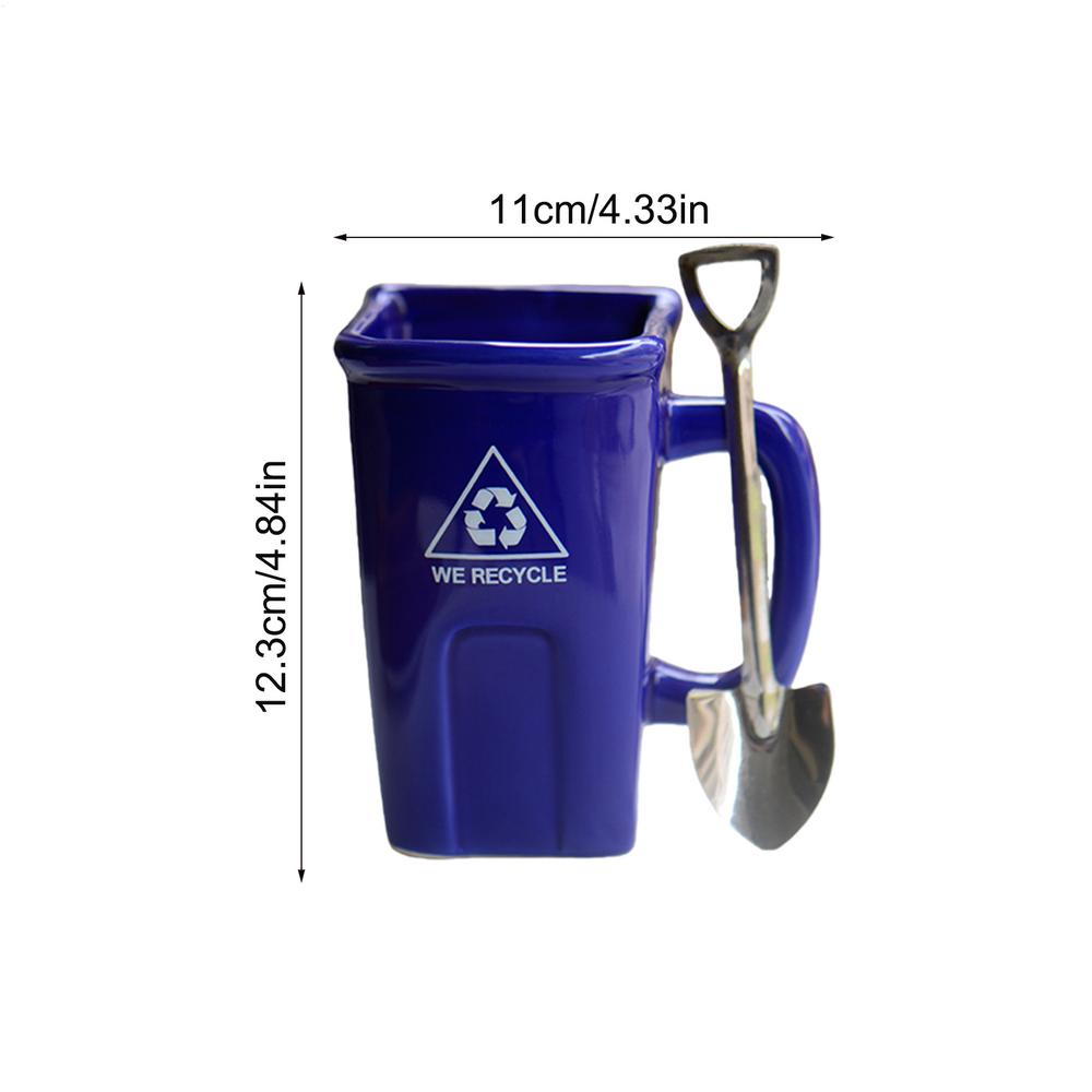 Funny Trash Can Shaped Mug with shovel shaped spoon, Creative Ceramic Trash Can-shaped Coffee Mug, Breakfast Cup Microwave Safe