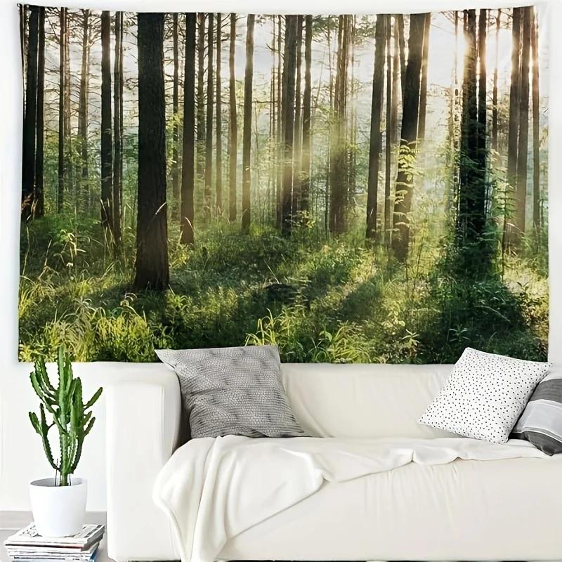 VIKAMA NordicStyle Forest Sunlight Tapestry Forest Scene Natural Ambience Decorative Wall Hanging Room Decoration