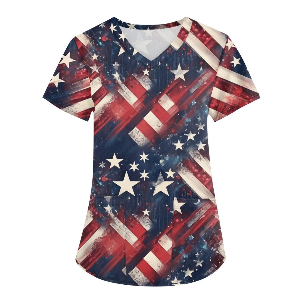 Damen Druck Uniform Arbeitsuniform V-Ausschnitt Taschen Basic Kurzarm Pullover Oberteil