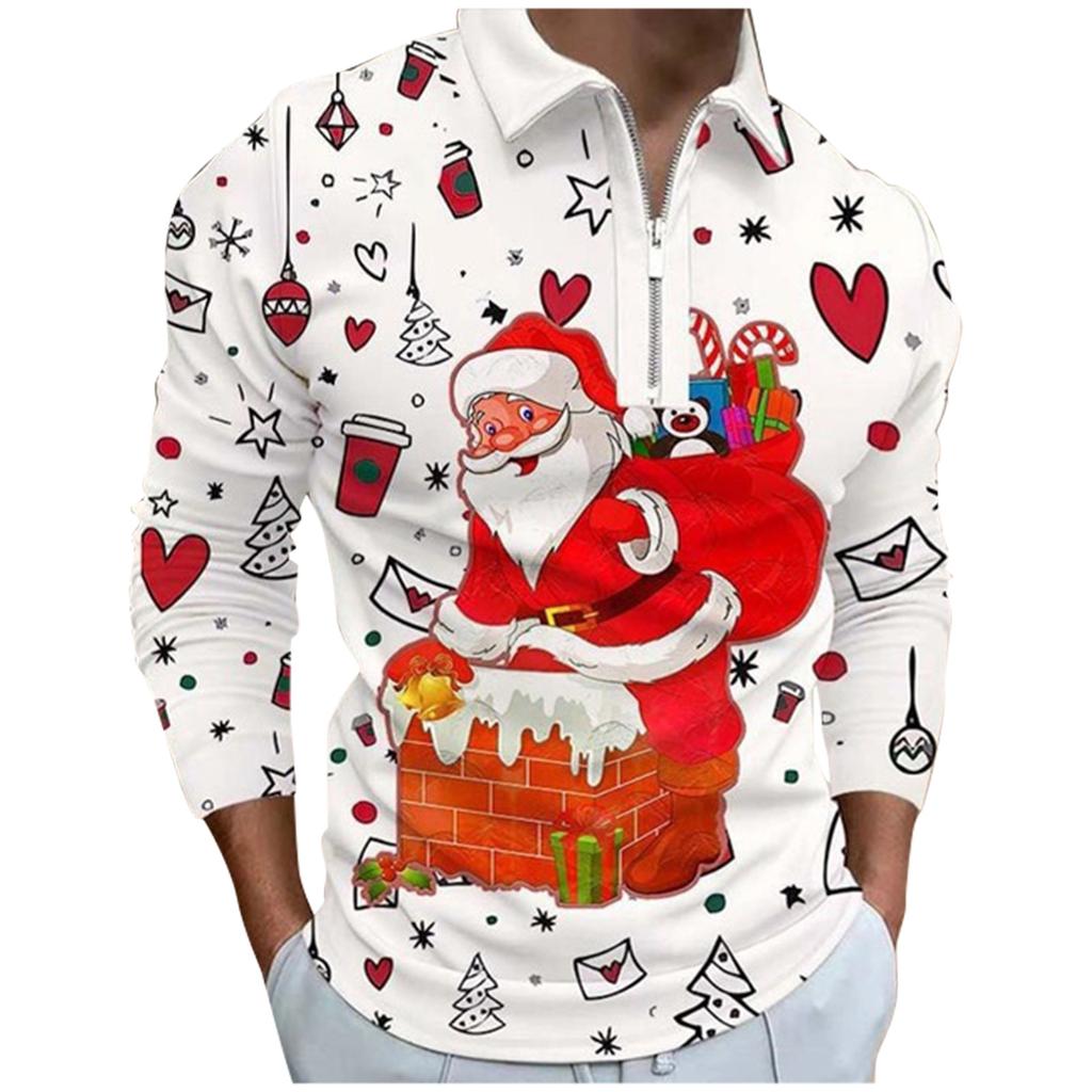 Christmas Men'S Lapel Long Sleeve Printed Casual Top Loose Sports Lapel Shirt