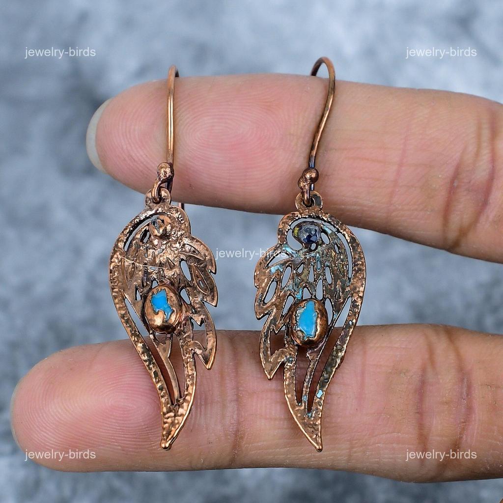 Turquoise Gemstone Copper Dangling Electroformed Anniversary Wife Gift Earrings VP-87