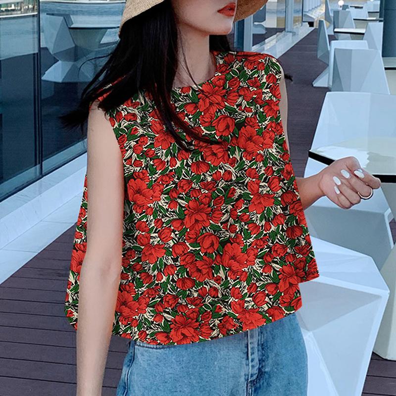 

VONDA Женские повседневные свободные майки с круглым вырезом и цветочным принтом без рукавов S красный