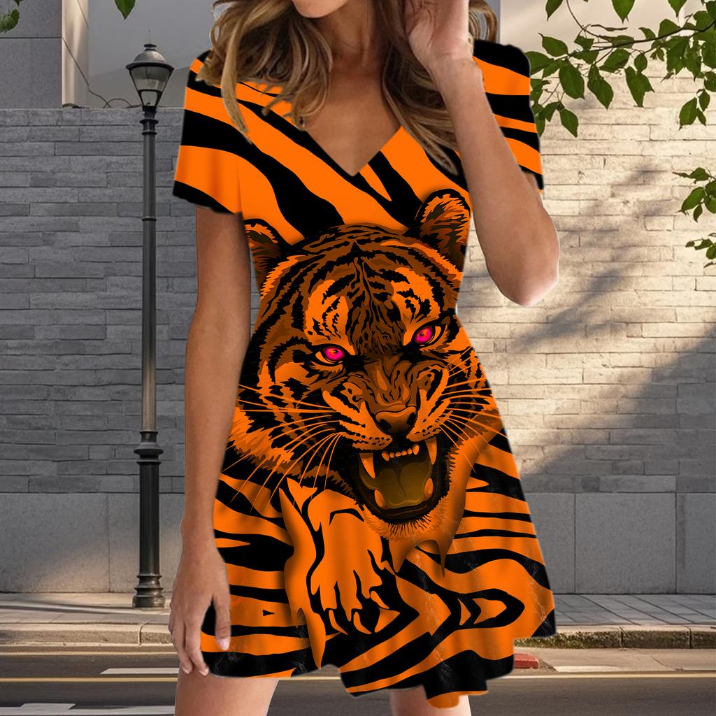 Summer Fashion Women's V Neck Short Sleeve Tiger Printed  Dress Sex Short Skirt Dresses