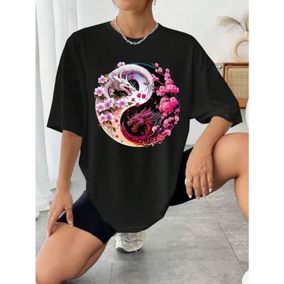 Schöne Drachenprint Damen T-Shirts Street Tops Sportlich Lässig Kurzarm Bequemes O-Ausschnitt T-Shirt Kleidung