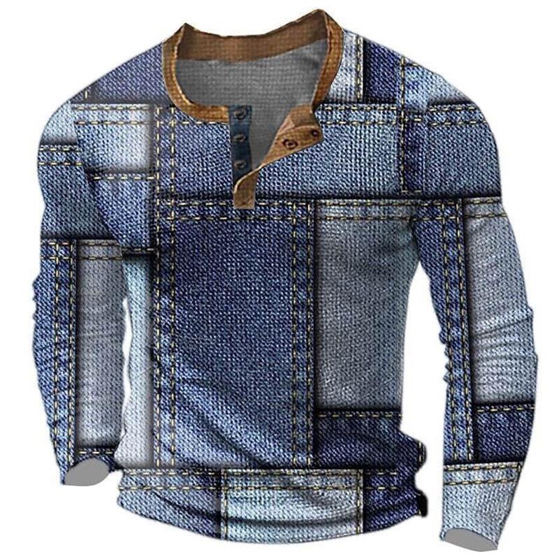 Men's Long Sleeve 3-Button T-Shirt with Color Block Design Fashion Digital Print Casual Outdoor