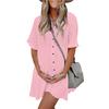 Women's Fashionable Lined Dress With Buttons, Mid Length Short Sleeved Loose Solid Color Dress