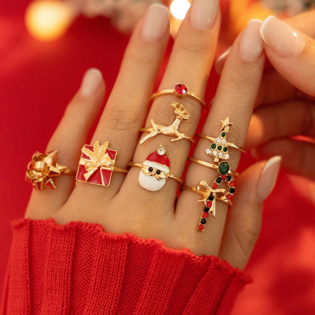 SHIXIN 8pcs Cute Christmas Tree Snowman Elk Rings Set Women Creative Rhinestone Gold Color Finger Rings Jewelry Gift Accessories