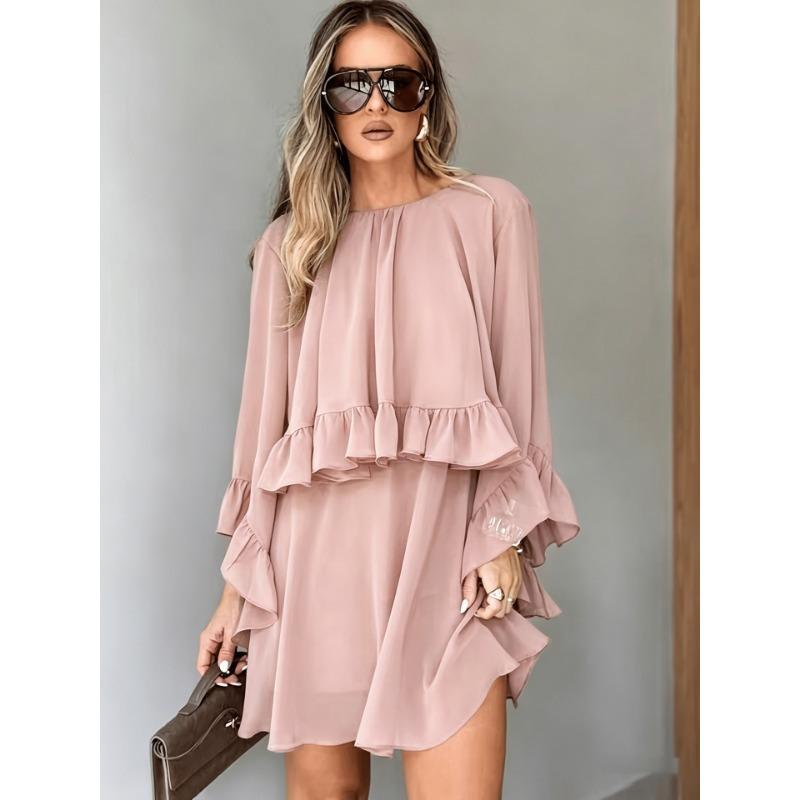 Womens Loose Ruffled Long Sleeve A Line Dress Casual