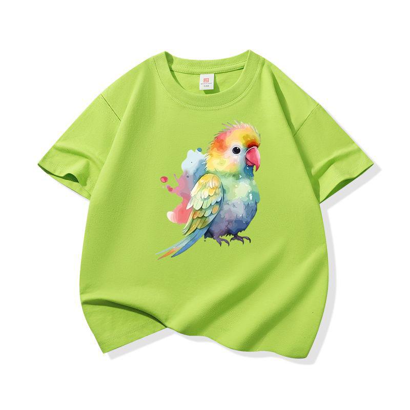 Bright Watercolor Rainbow Parrot Graphic Tee Kids Pure Cotton Crew Neck Print T Shirt Short Sleeve Muticolor Tops Boys Girls