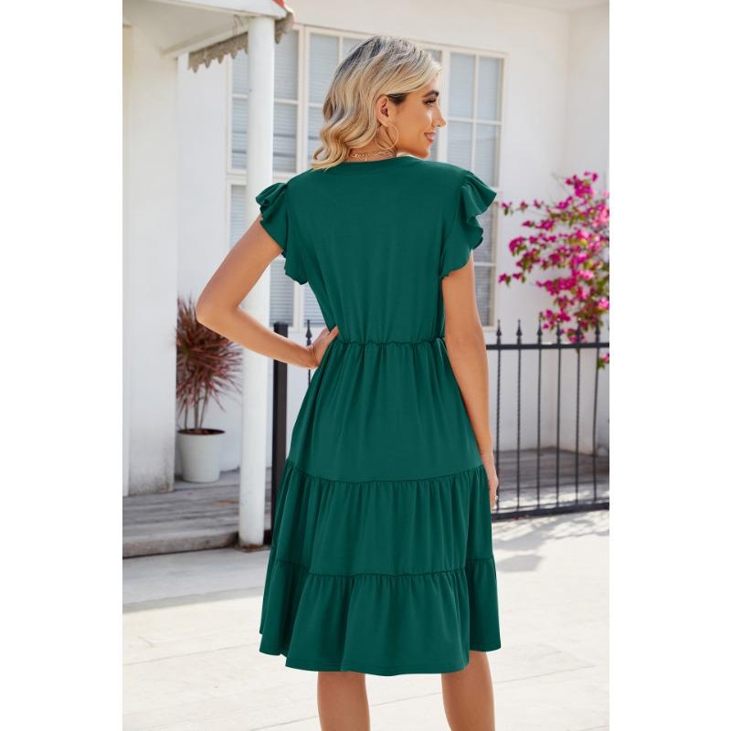 Women's Fashion Summer Spring Solid Color Print Short Sleeve V-Neck Loose Waistline Casual Dresses