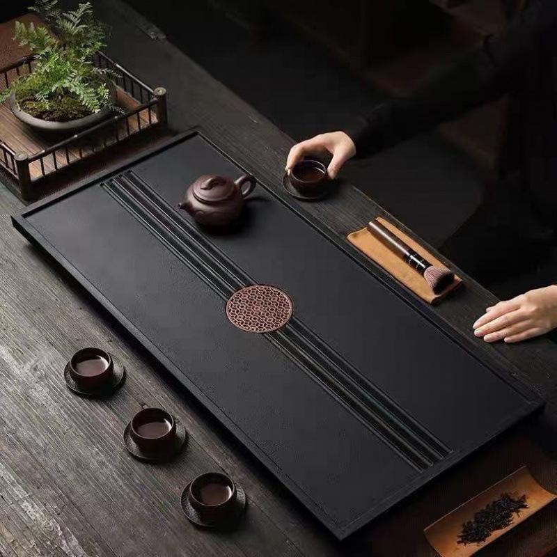 Black Gold Stone Tea Tray: Sleek Desktop Style with Built-in Drainage