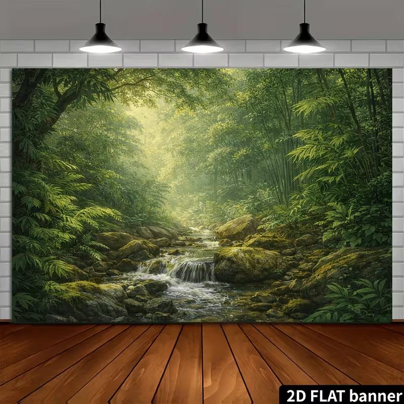 2D Misty Jungle Banner with Ferns and Mossy Rocks Photo Booth Background Cloth