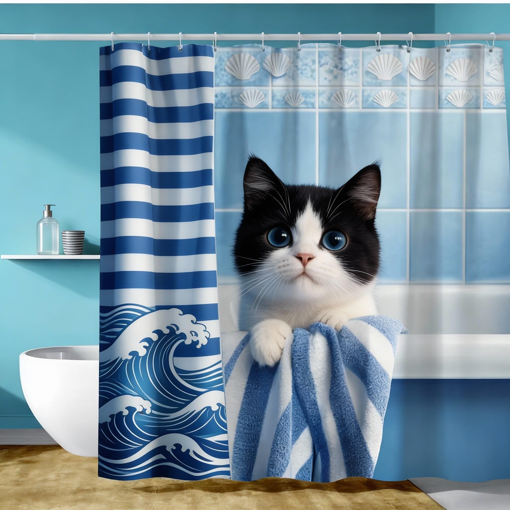

1 Cute Kitten And Nautical Anchor Shower Curtain, Blue And White Stripes, Great For Bathroom Decor, Suitable For All Seasons W60H190(CM)-1 Pcs