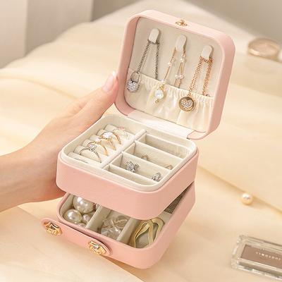 Einfache Schmuckaufbewahrungsbox Leder Tragbar Klein Ring Ohrringe Halskette Gitteraufbewahrung Schmuckschatulle