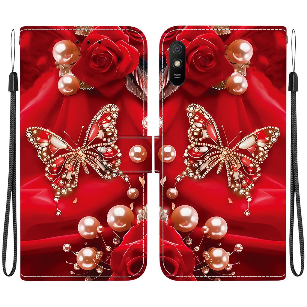 Ručně vyráběné PU kožené flipové pouzdro pro Redmi 9A Protiskluzový nárazuvzdorný kryt s poutkem na zápěstí a designy Srdce/Růže Kočka