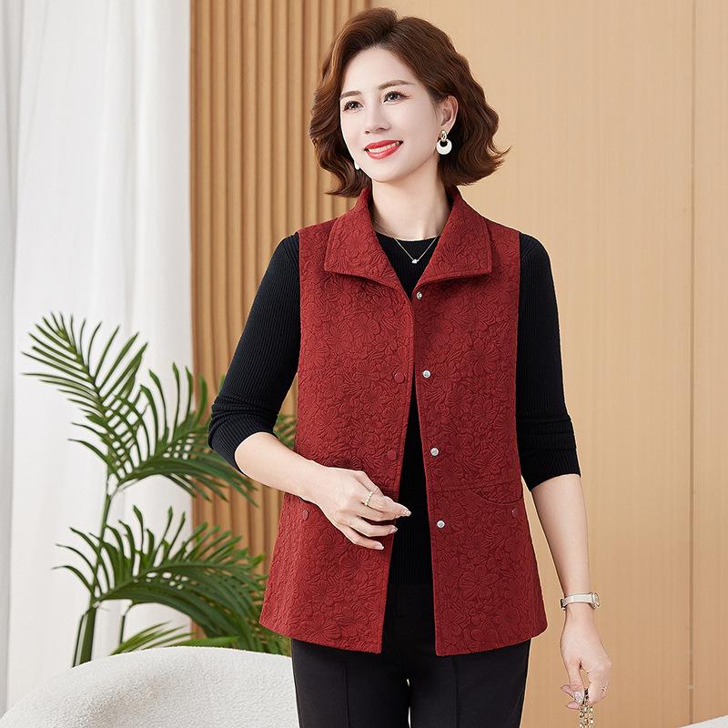 

50-Year-Old Mother s Vest: Lapel Cap Sleeve Jacket for Spring & Autumn, Perfect for Middle-Aged & Elderly Women, Grandma s Sleeveless Outerwear. 3XL красный