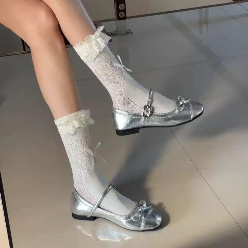 French light mouth bow women's Mary Jane shoes summer new solid color flat bottom with skirt one-word buckle single shoes