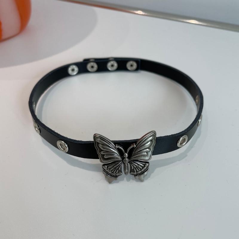 Women Men Cool Punk Choker Necklaces Bracelet Gothic Butterfly Pendant Biker Choker PU Leather Collar Sexy Jewelry Gift