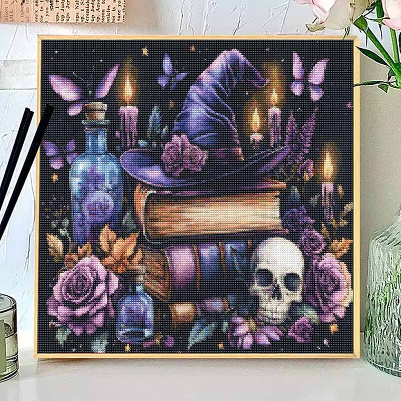 Halloween Gothic Skull Witch Diamond Art Kit Purple Flower Butterfly Potion Bottle DIY Craft Decor Round 20x20cm