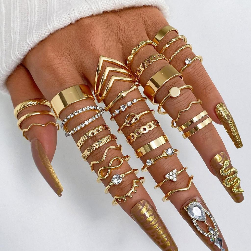 23-Piece Set: Black Butterfly Diamond & Pearl Knuckle Rings for Women
