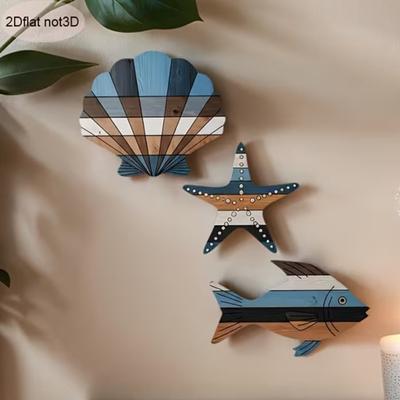 3 Stück Holz Fisch Muschel Seestern Strand Wanddeko Rustikal Nautisch Seehaus Hängende Skulptur Ozean Küsten Thema Wandkunst für Badezimmer Schlafzimmer