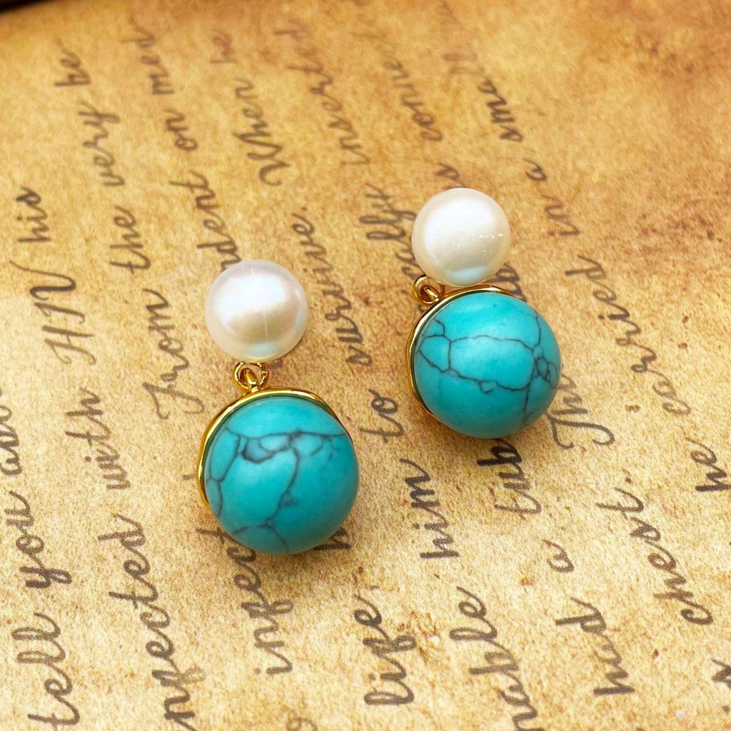 Vintage French Turquoise & Pearl Earrings for Women