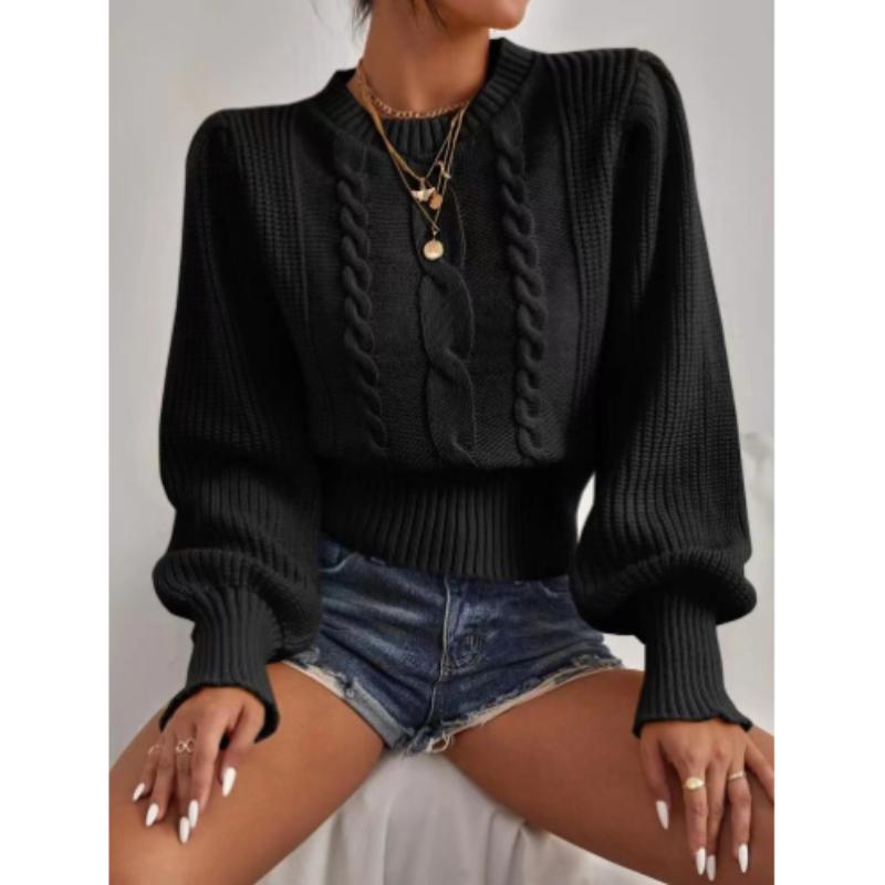 

Сплошной цвет вязаный свитер женский пуловер с круглым вырезом и рукавами-фонариками топ One size чёрный