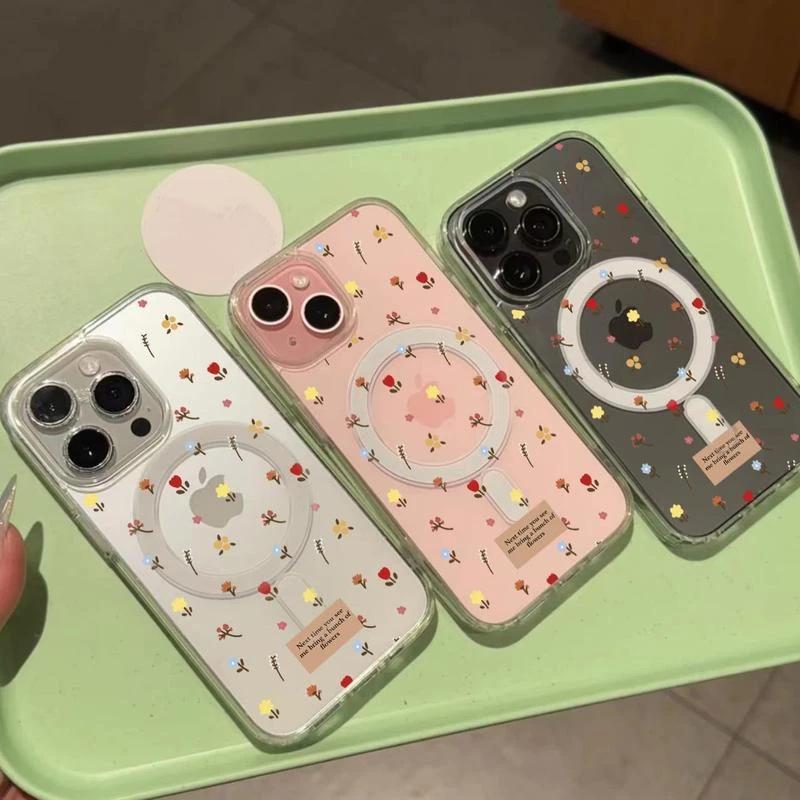 Full Screen Small Florals Suitable for Apple 16pro Mobile Phone Case Magnetically Absorbed IPhone 15 Protective Case 14 Transparent 13 Large Holes