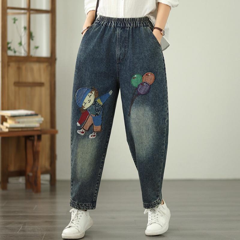 Plus Size Vintage Embroidery High Waist Casual Loose Women Spring Summer Autumn Jeans Denim Harem Pants
