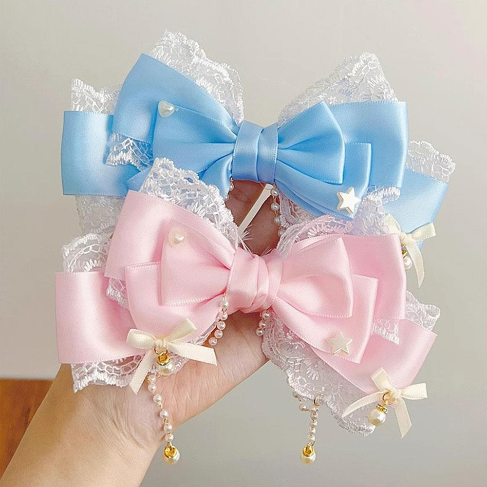 New Lolita Lace Pearl Chain Bow Headpiece Large Lace Ribbon Bow Hair Clip Exquisite Princess Headwear Hair Clip Hair Accessories