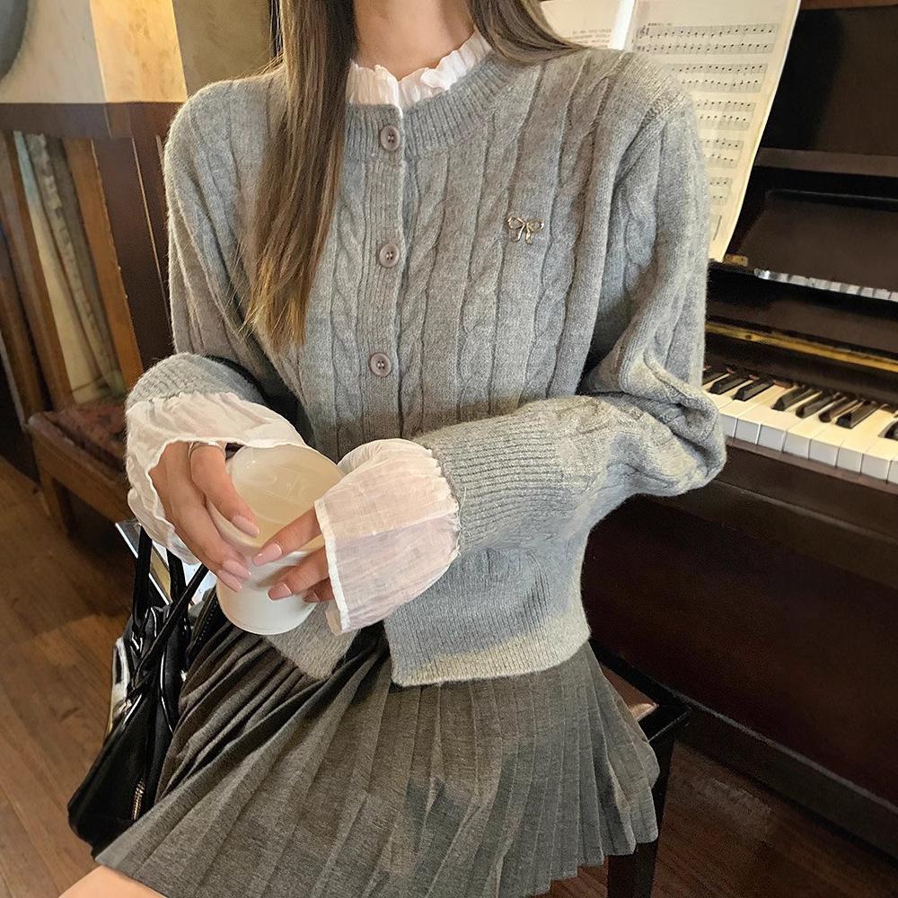 Gentle wind simple lace neck twist sweater women's classic college style versatile bow crew neck knitted sweater