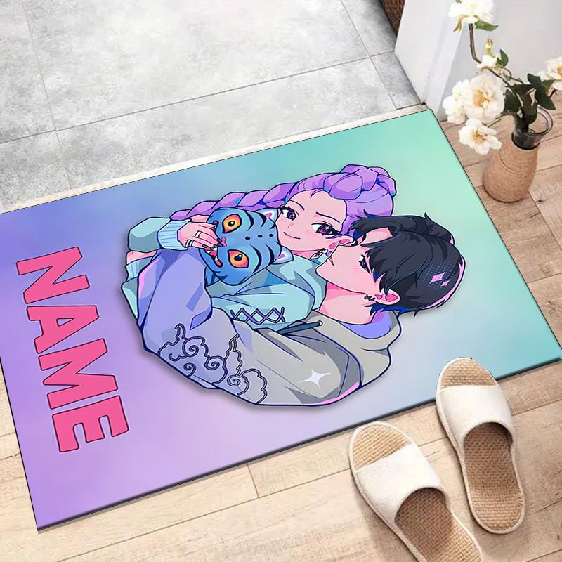 Benutzerdefinierte KPop Dämonenjäger Matte Personalisierter Name, Waschbarer Polyester-Eingangsteppich für den Innenbereich, Geschenk für Weihnachten, Ostern, Thanksgiving Day