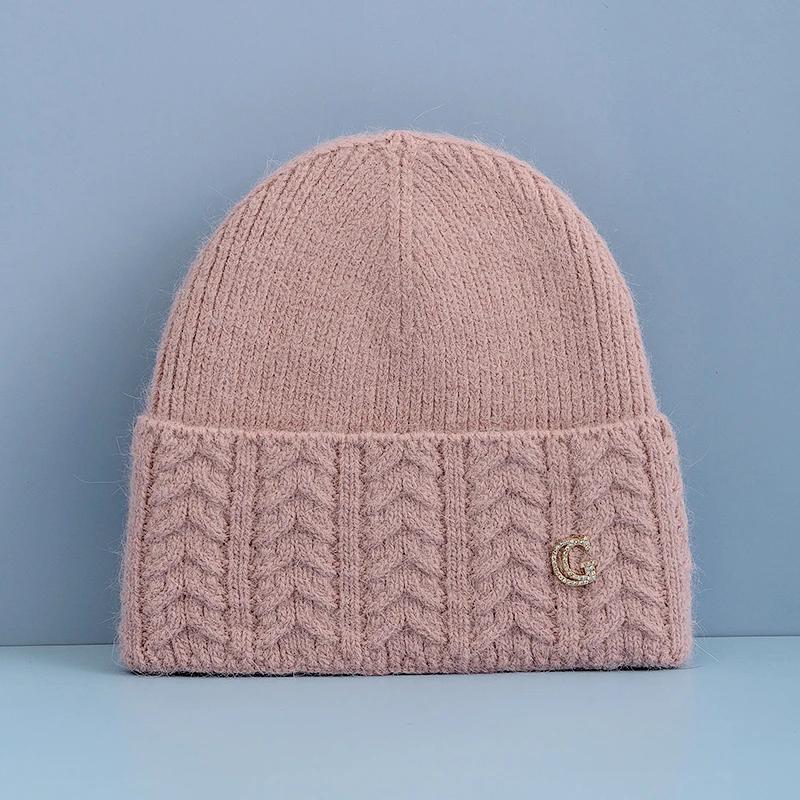 New Style Simple Chic Winter Hat G Letter Decor Rabbit Fur Beanie Elegant Winter Hats For Women Candy Colors Warm Knit Hats