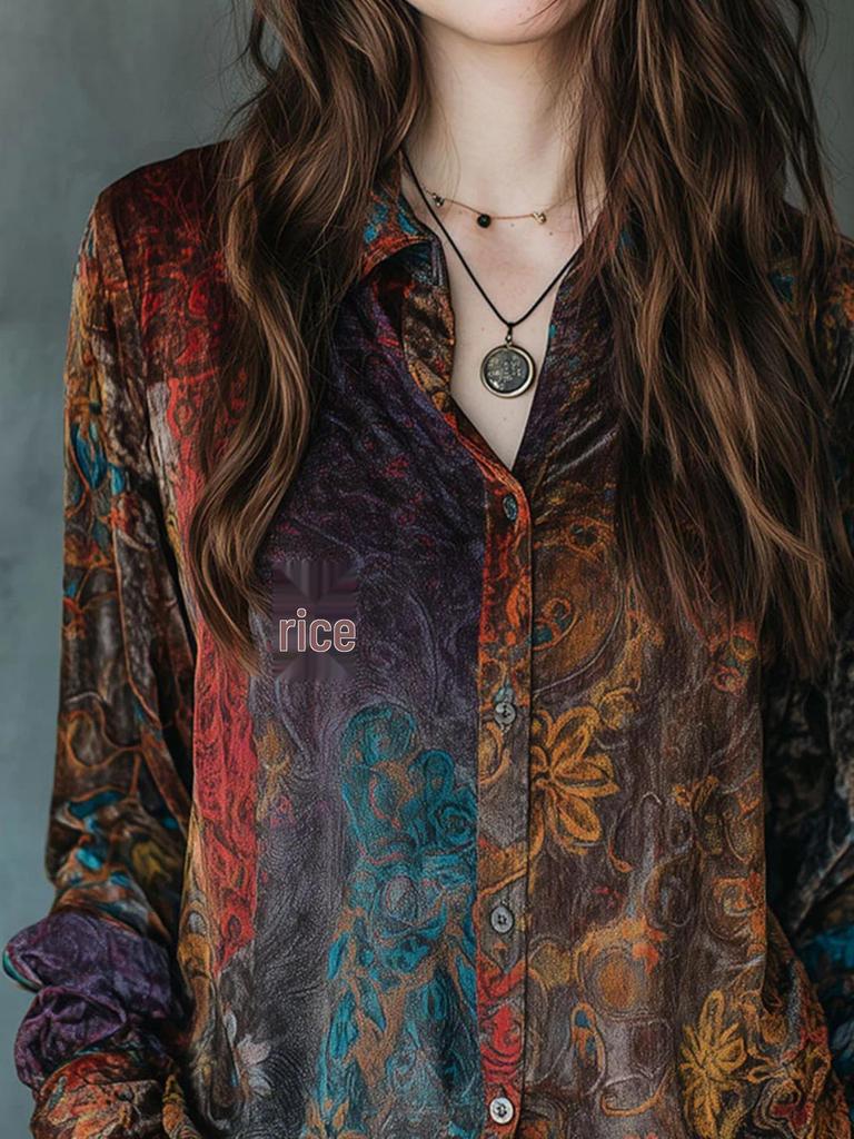 Camisa de Manga Larga con Botones y Estampado Floral Estilo Boho Retro para Mujer