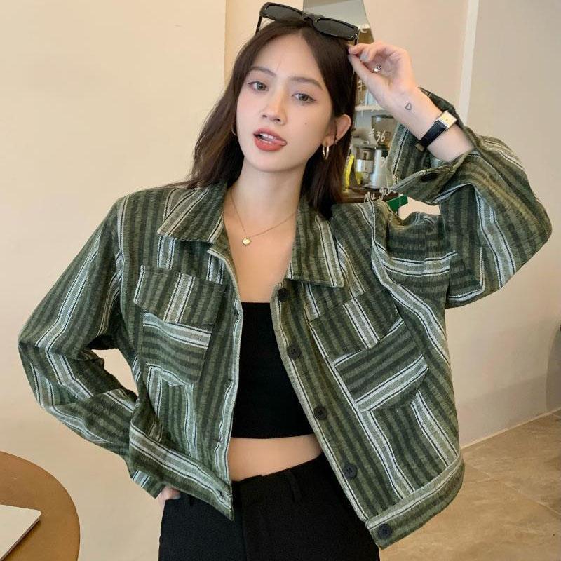 Früher Herbst Slim Lässig Gestreiftes Kurzhemd Herbst Damen Kurze Jacke Schicke Nischen-Tops
