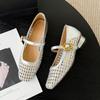 Retro Soft Leather Square Head Woven Hollow Mary Jane Shoes Women's Shallow Mouth Square Head Thick Heel with Sandals